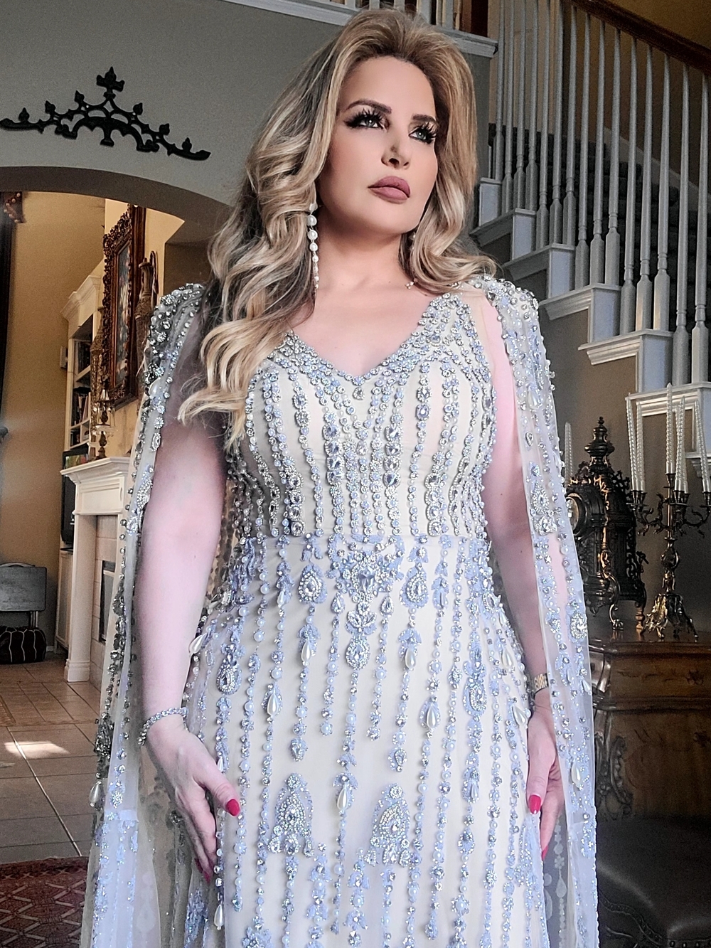 Embellished Ivory Maxi Dress with Silver Accents